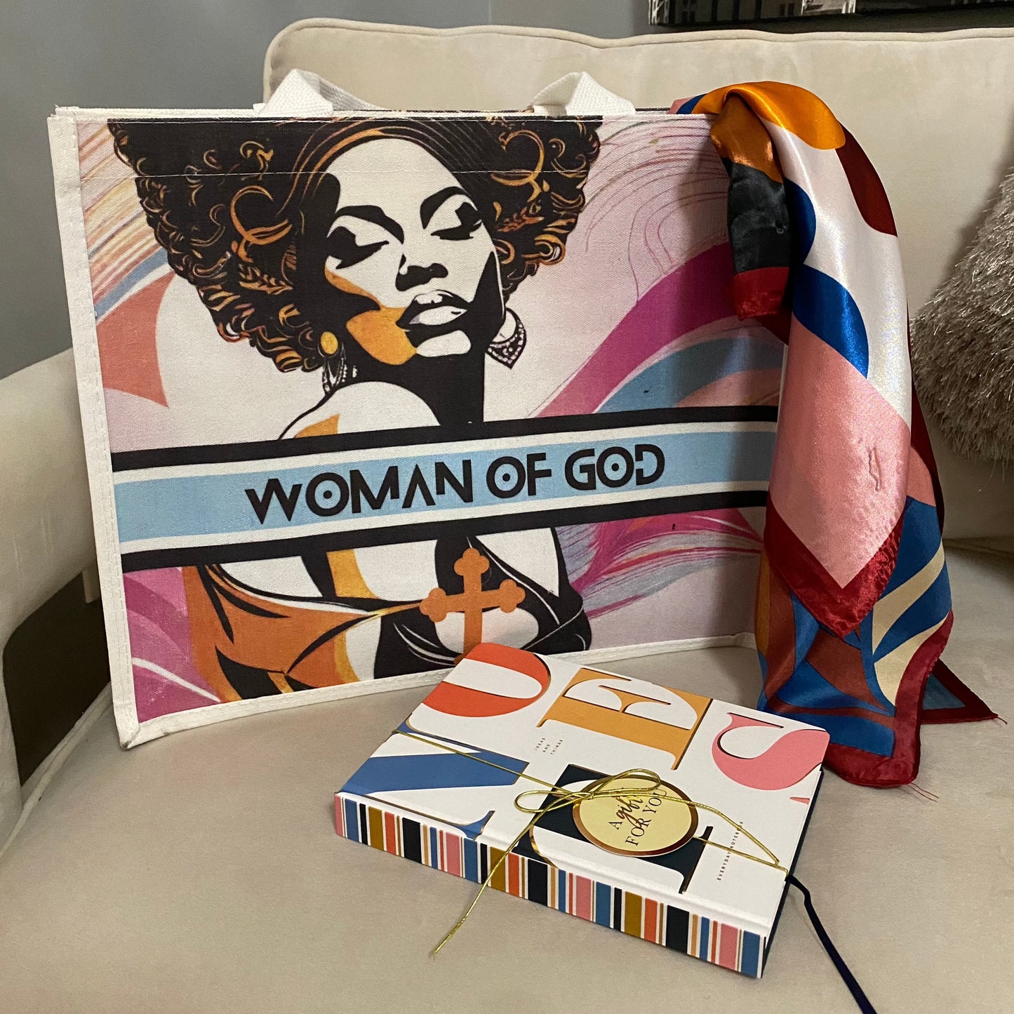 Gift Set - Woman of God Canvas Tote Bag, Vibrant Floral Satin Scarf & Journal - New Godis Hair