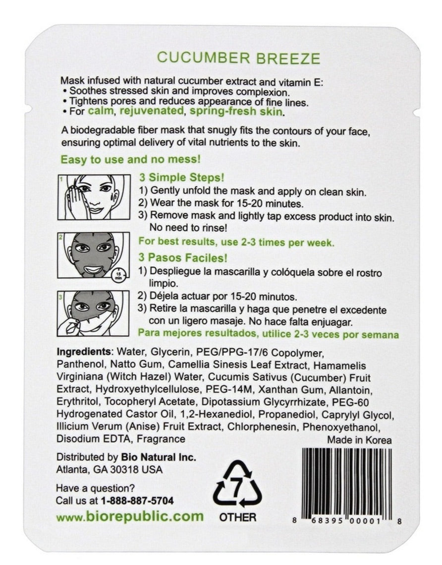Cucumber Breeze Soothing Fiber Face Sheet Mask, 10ct Box - New Godis Hair