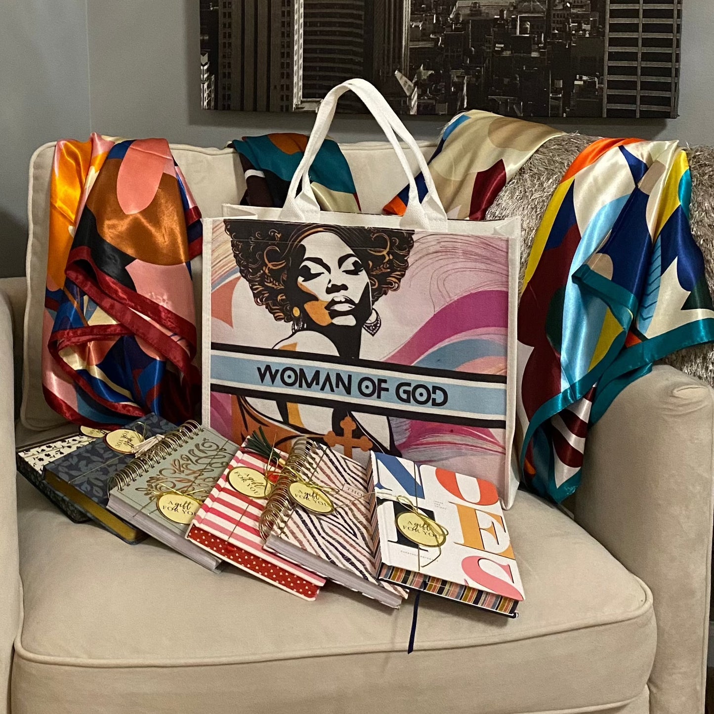 Gift Set - Woman of God Canvas Tote Bag, Vibrant Floral Satin Scarf & Journal - New Godis Hair